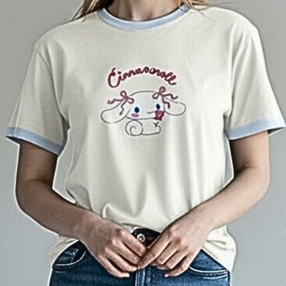 Cinnamoroll Cozy Lounge Top — Soft Cream White Short‑Sleeve with Light Blue Trim